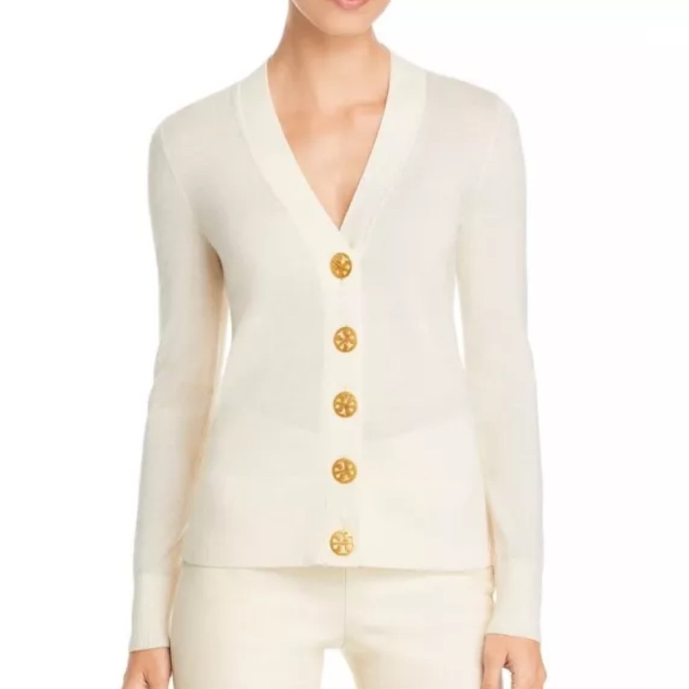 Tory Burch Women’s Small 100% Merino Wool Simone V-neck Cardigan Ivory Sweater